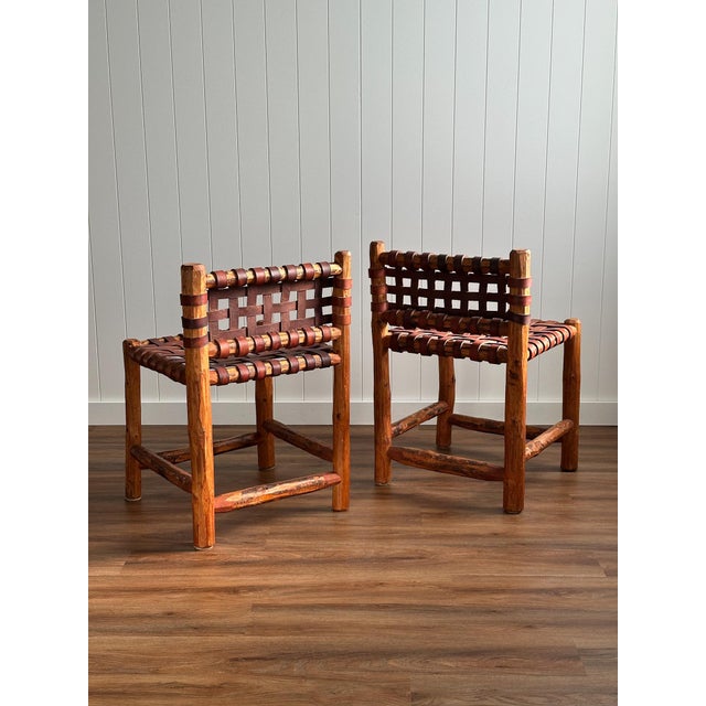 1940s Tuscan Leather Strap & Wood Dining Chairs, Set of 4 For Sale - Image 4 of 17