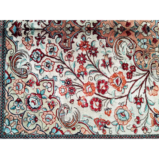 Vintage Persian Qum Area Rug, Hand-Knotted Silk, Floral Pattern, Ivory & Navy, 3x5 For Sale - Image 16 of 18