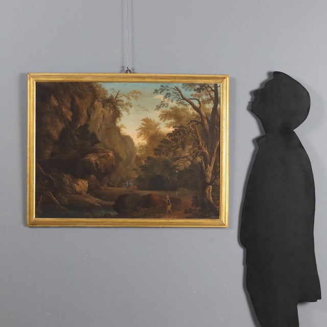 Oil on canvas. Traditional landscape, thick with vegetation, with a stream in the lower left, bordered by paths along...