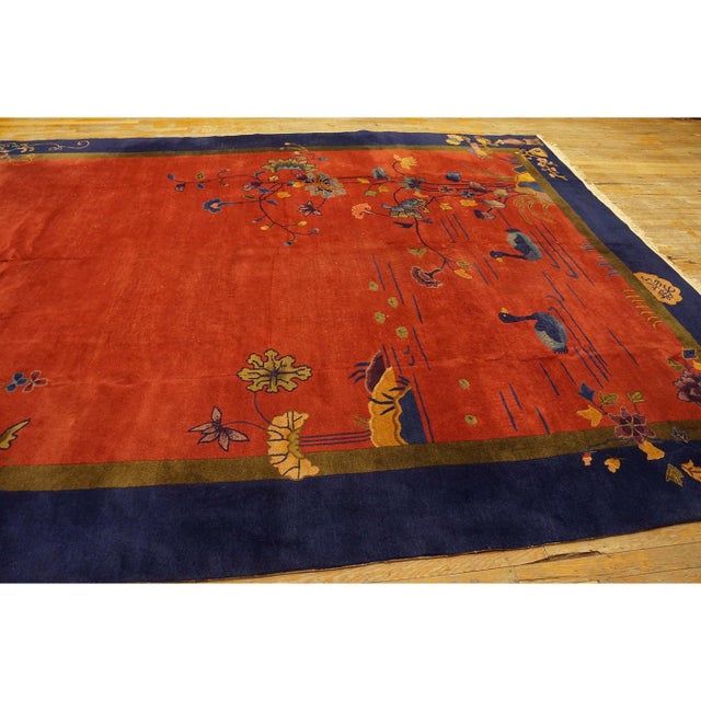 1920s 1920s Raspberry Pink Field Antique Art Deco Swimming Swan Pattern Chinese Rug For Sale - Image 5 of 9