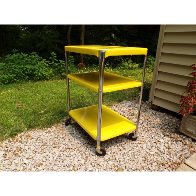 Vintage Industrial Yellow Cosco Chrome Kitchen 3 Shelf Utility Cart With Wheels For Sale - Image 16 of 18