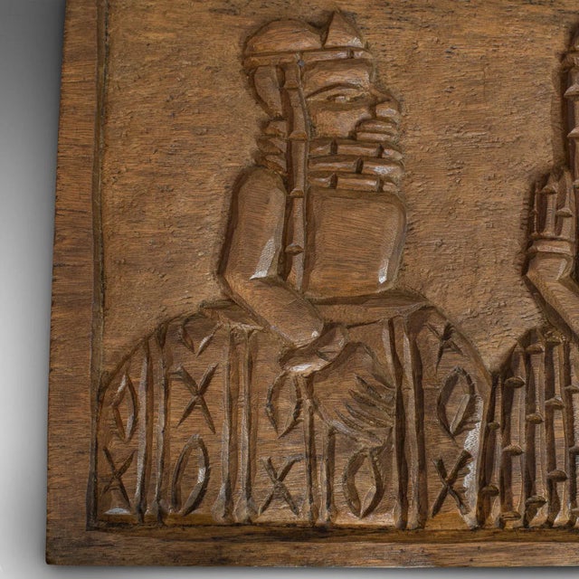 1950s Tribal Scene Hand Carved Wooden Plaque For Sale - Image 6 of 9