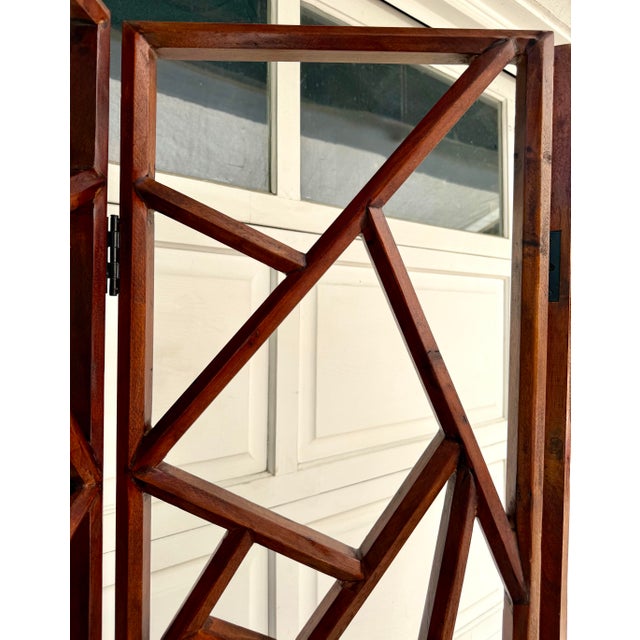 Wood Organic Modern Geometric Wood Three-Panel Folding Screen Room Divider For Sale - Image 7 of 10