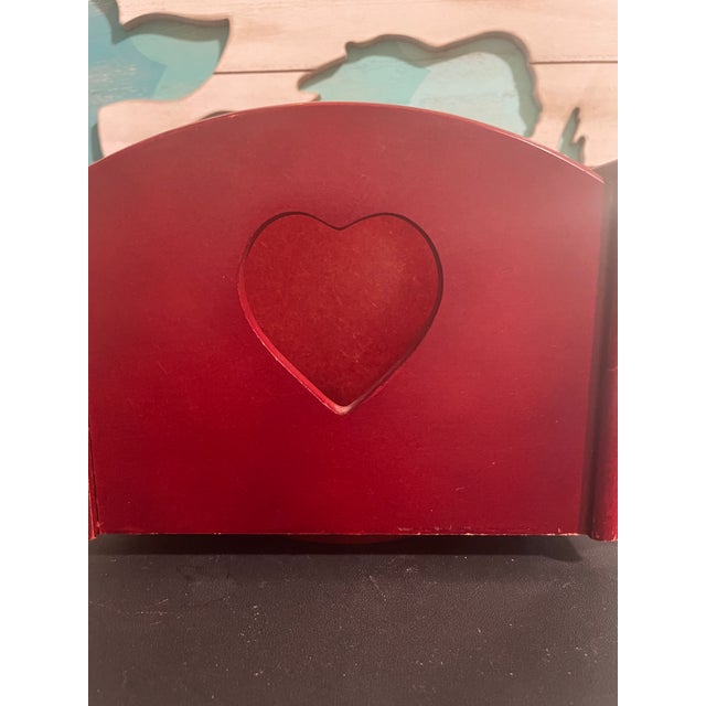 Vintage Cherry Wood Lazy Susan Napkin & Condiment Holder With Heart Cutouts For Sale - Image 6 of 7