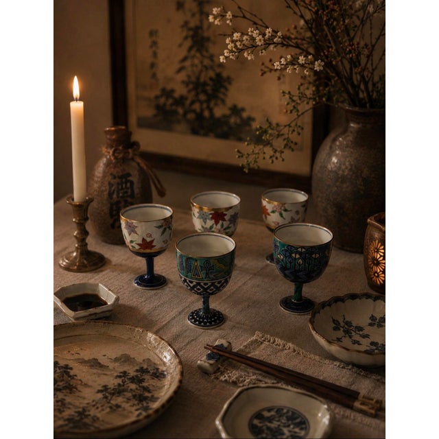 A captivating collection of five individually hand-painted Japanese porcelain goblets, each a small work of art in its own...