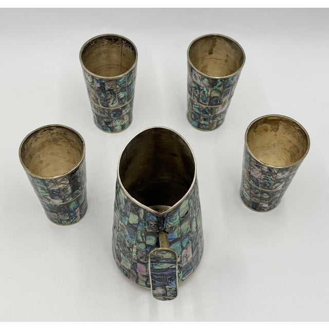 Silver 1960s Mexican Abalone Inlay Alpaca Silver Pitcher & 4 Tumblers Barware Set For Sale - Image 8 of 18