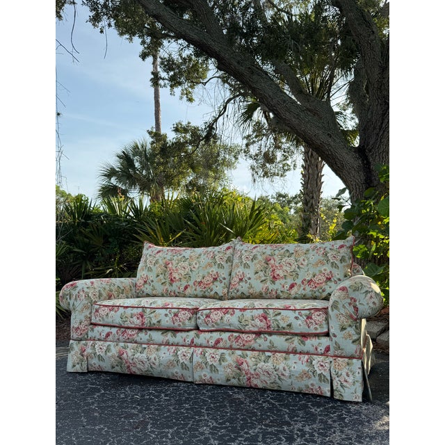 2000 - 2009 Vintage English Cottage Floral Upholstered Sofa | Grandmillennial Skirted Couch | Custom Floral Loveseat For Sale - Image 5 of 7
