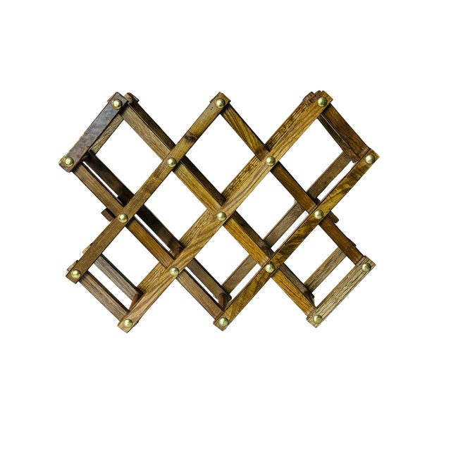 Mid-Century Modern Mid-Century Modern Folding Wooden Wine Rack – Vintage Accordion Expandable Wine Holder With Brass Rivet Accents, Collapsible Bar Storage For Sale - Image 3 of 9