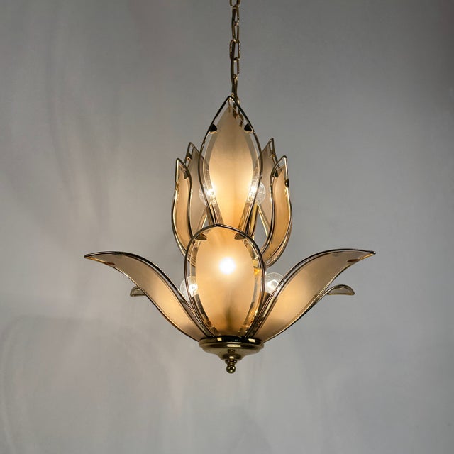 Brown Vintage Lotus Chandelier in Brass and Brown Smoked Beveled Glass, Italy, 1980s For Sale - Image 8 of 9