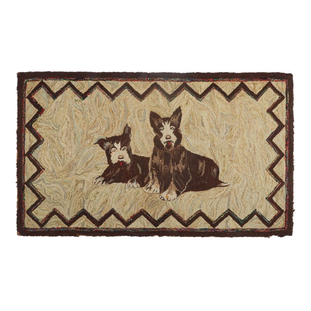 Antique Hooked Rug in Beige-Brown With Dog Pictorials - Rug & Kilim For Sale