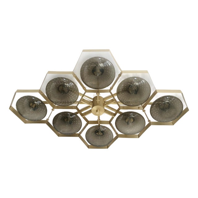 21st Century Hive Satin Brass Smoky Bubbles Murano Flush Mount by Fabio LTD For Sale