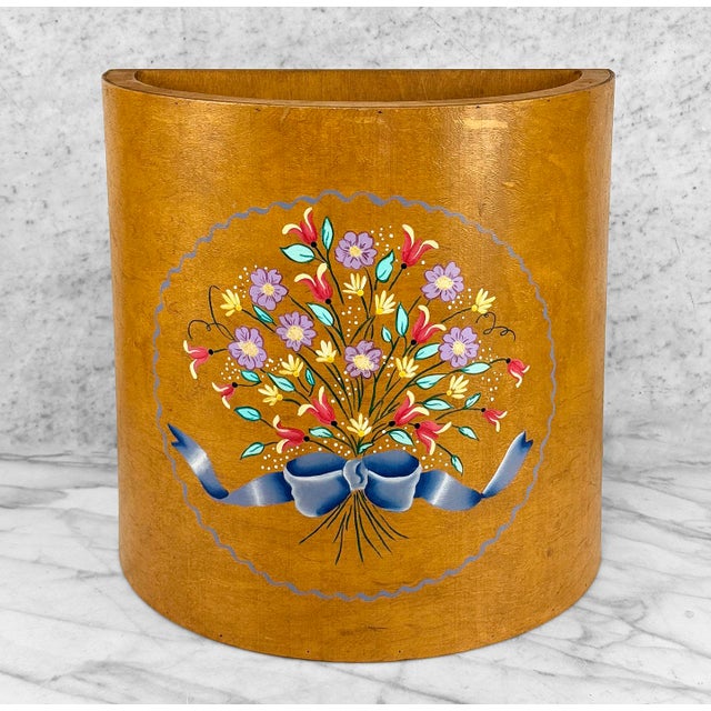 Vintage Farmhouse Country Bentwood Halfmoon Floral Waste Basket For Sale - Image 4 of 10