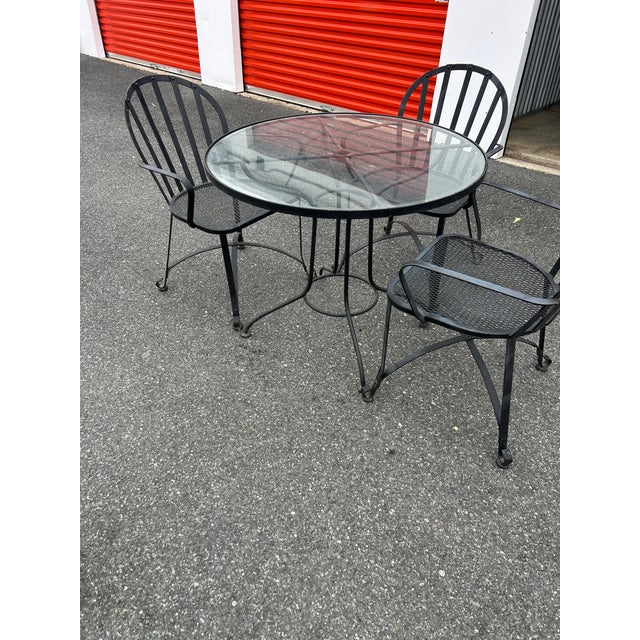 American Woodard Vintage Wrought Iron Patio Set Glass Table and 4 Chairs, Attributed For Sale - Image 3 of 6