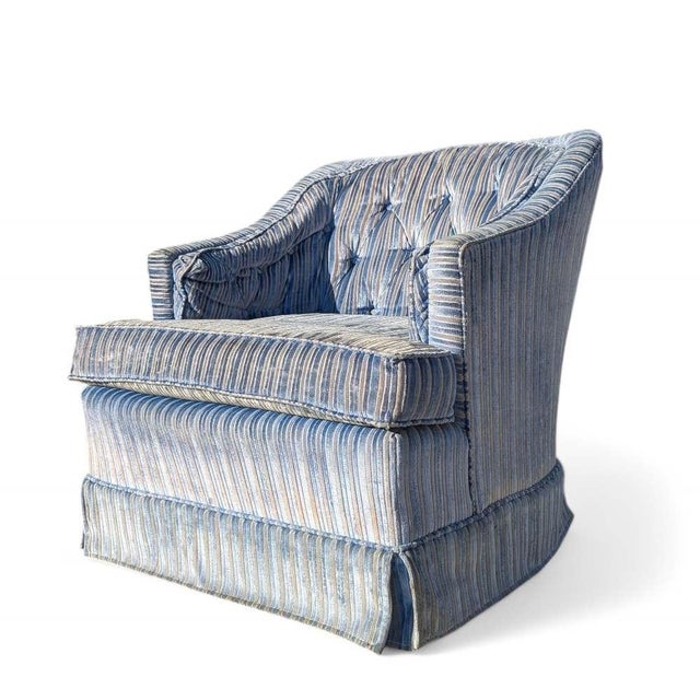 Mid-Century Modern Vintage Blue Striped Velvet Swivel Lounge Chair, Late 20th Century For Sale - Image 3 of 13