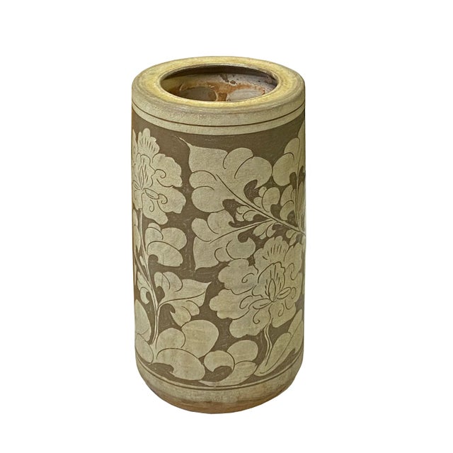 Chinese Handmade Ceramic Tan Taupe Flower Column Vase For Sale - Image 4 of 6