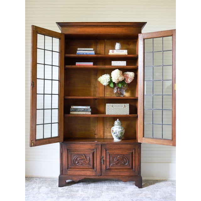 Antique English Oak Leaded Glass Bookcase, Cabinet For Sale - Image 6 of 10