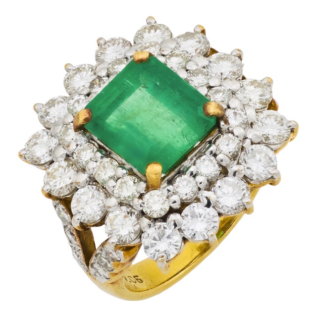 Vintage 2.15 Carat Emerald Diamond 18k Yellow Gold Cocktail Ring, Size 4.5 For Sale