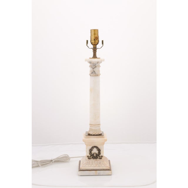 1930s Antique Empire Alabaster Column Lamps With Brass Accents - a Pair For Sale - Image 5 of 7