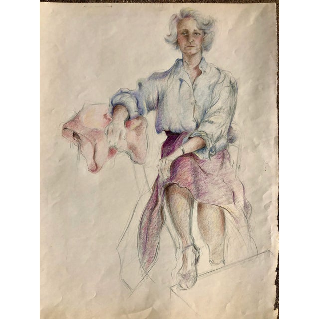 Portraiture Vintage Pencil Drawing of a Woman in a Purple Skirt For Sale - Image 3 of 4