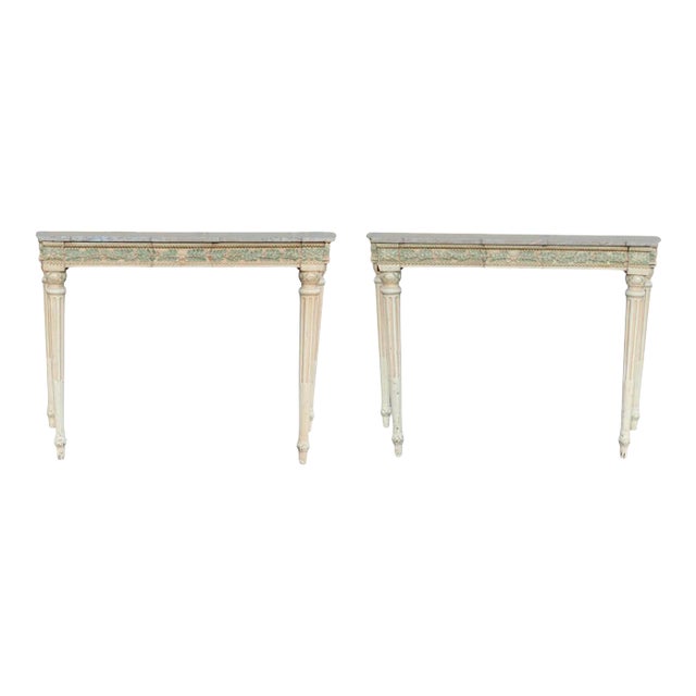 Maison Jansen Marble Top Painted Console Tables - a Pair For Sale
