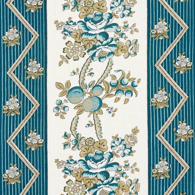 Traditional SAMPLE - Schumacher Sylvain Floral Stripe Fabric In Teal For Sale - Image 3 of 5