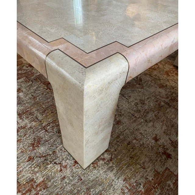1980s Tessellated Stone Square Coffee Table With Pink Marble Inlay in the Style of Maitland-Smith For Sale - Image 5 of 12