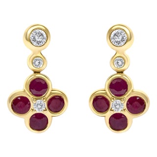 14K Yellow Gold 1/10 Cttw Diamond and Ruby Floral Dangle Earrings, Pair For Sale