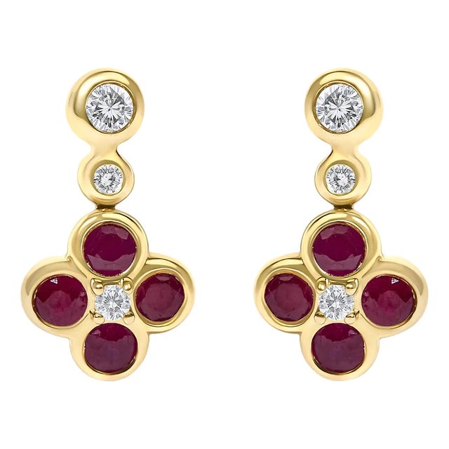14K Yellow Gold 1/10 Cttw Diamond and Ruby Floral Dangle Earrings, Pair For Sale
