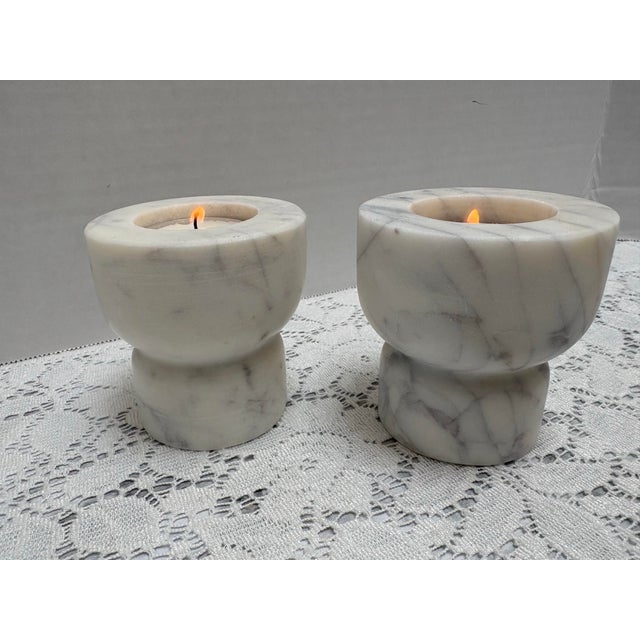 Set of Two White Alabaster Candleholders, a Pair For Sale In Sacramento - Image 6 of 9