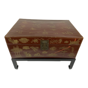 Vintage Chinese Leather Painted Trunk Coffee Table With Wood Stand, Glass Top