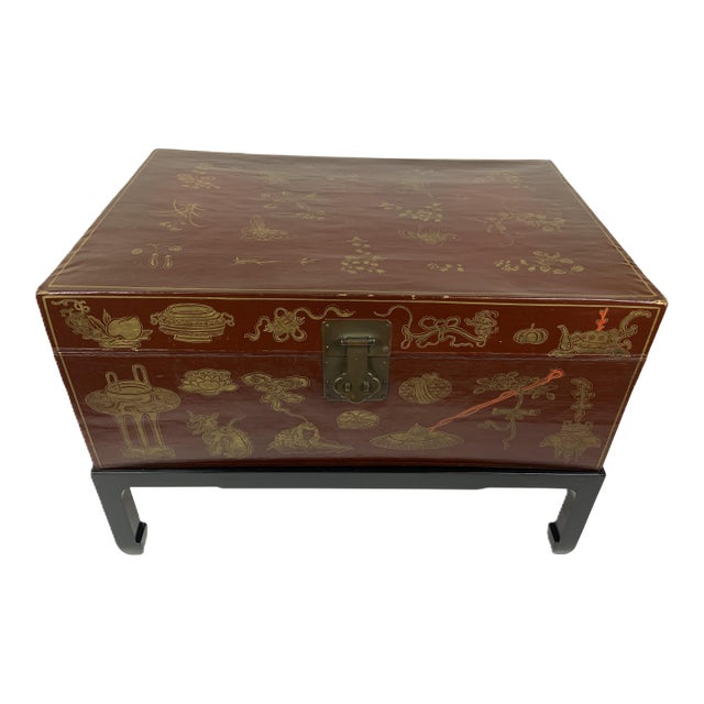 Vintage Chinese Leather Painted Trunk With Wood Stand, Glass Top For Sale