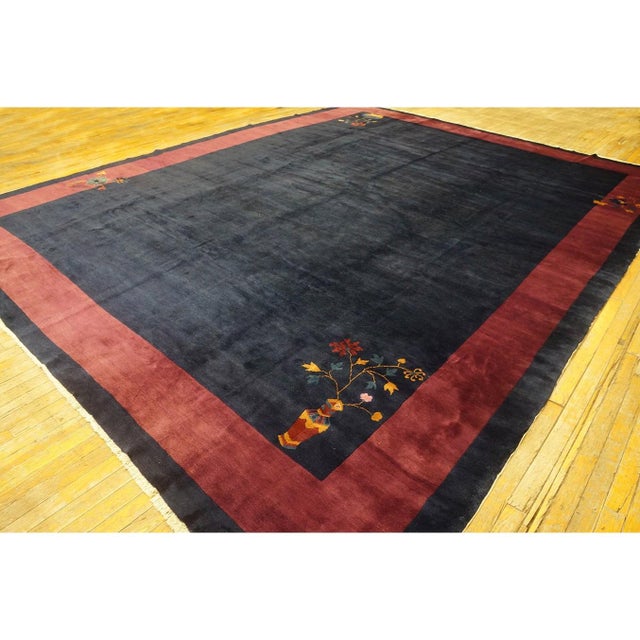 Wool Hand Knotted Pile Blue Antique 1920s Rectangle Rug, Circa Date: 1920s. This exceptional Chinese Art Deco piece,...