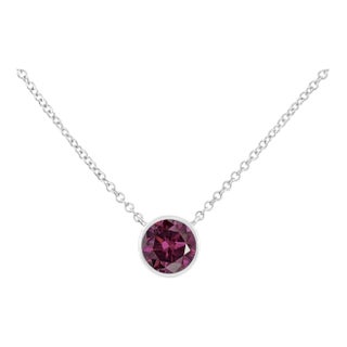 .925 Sterling Silver Bezel Set 3.5mm Created Amethyst Gemstone Solitaire 18" Pendant Necklace For Sale