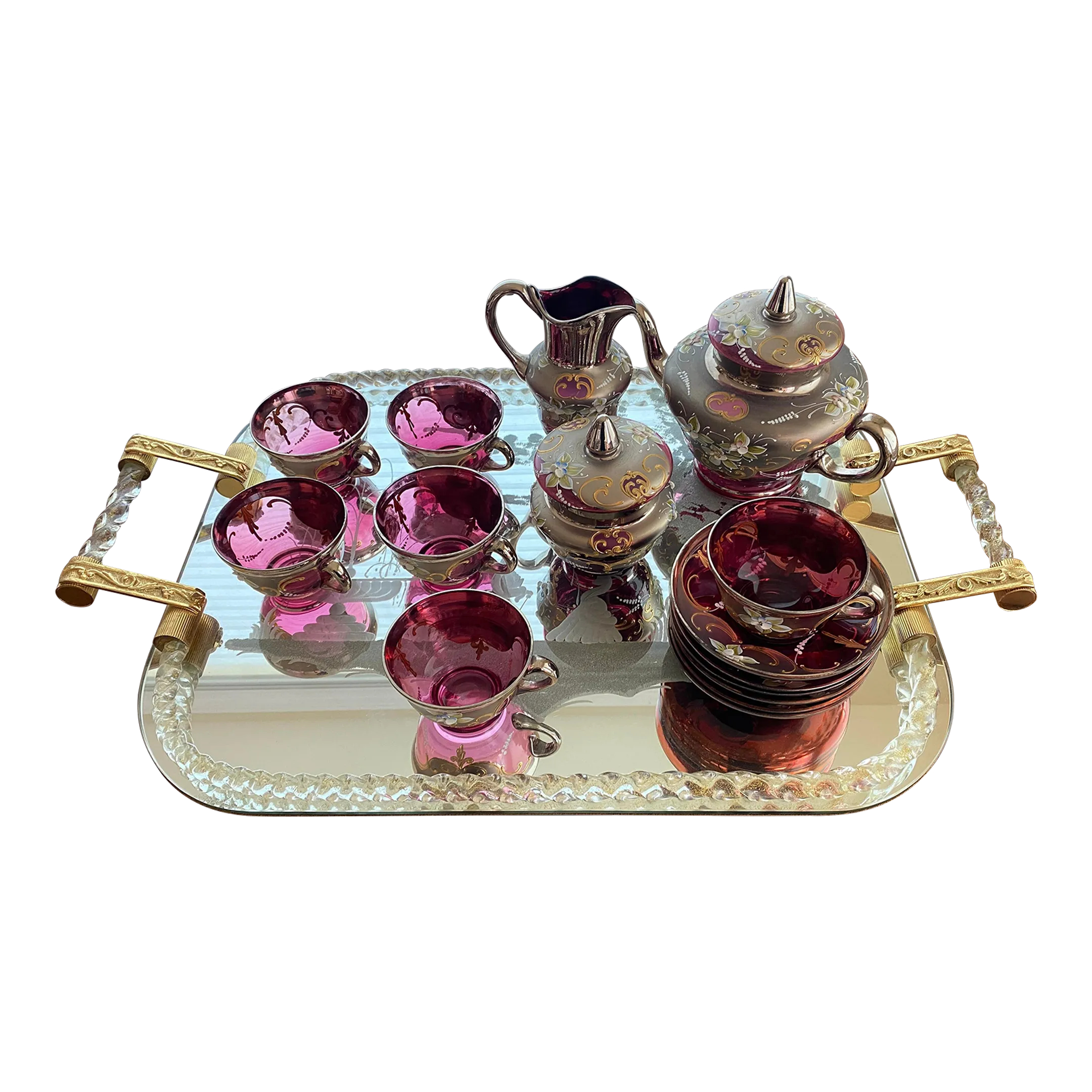 Vintage Venetian Murano Cranberry Glass HandPainted 24k Gold Tea