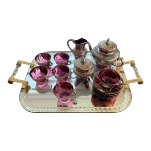 Vintage Venetian Murano Cranberry Glass HandPainted 24k Gold Tea Set- 18 Pieces