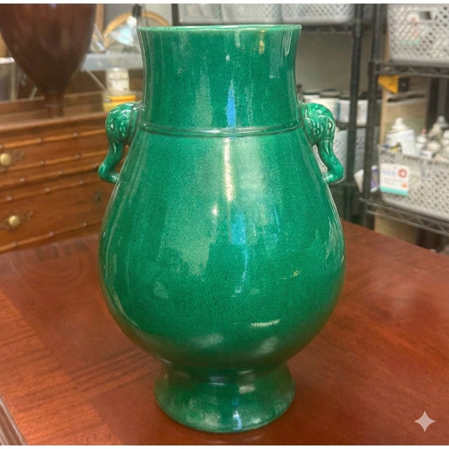 Chinese Chinese Export Apple Green Crackle Glaze Elephant Mask Handles Pottery Vase Kangxi Mark For Sale - Image 3 of 5