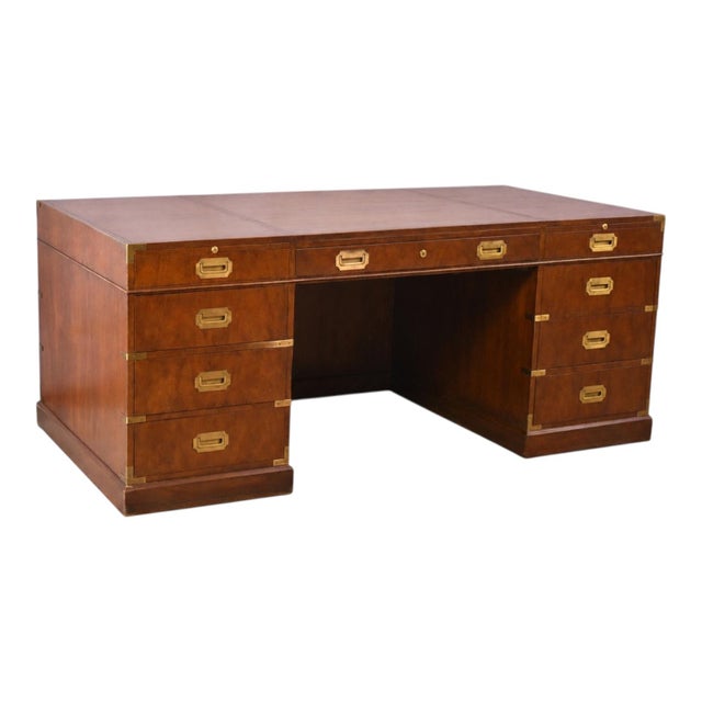 1970s Baker Furniture Co. Campaign Style Burl Walnut Executive Desk For Sale In Atlanta - Image 6 of 6
