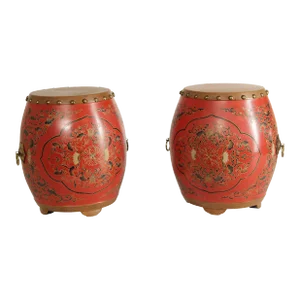 Asian Inspired Pair Hand Painted Wooden Drum Stools