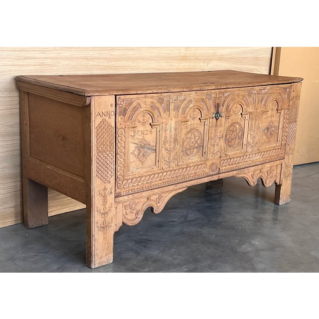 Early 19th Century Early 19th Belgian Bleached Oak Trunk With Original Iron Hardware For Sale - Image 5 of 12