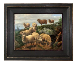 Flock of Sheep on Path Framed Oil Painting Reproduction Print on Canvas - 8" X 10"