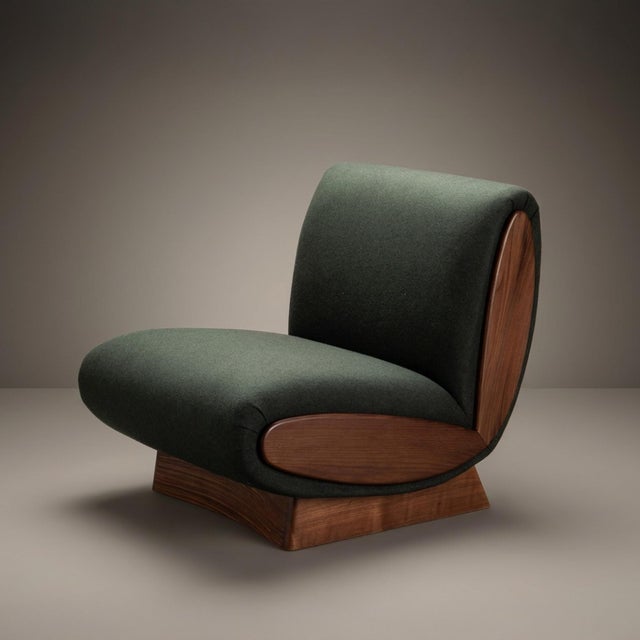 Contemporary Onda Lounge Chairs by Object Refinery in Forest Recycled British Wool & Walnut, Pair For Sale - Image 3 of 7