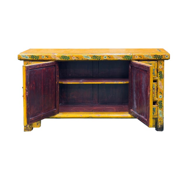 1970s Vintage Chinese Yellow Lacquered Wood Credenza Sideboard Carved Scenic Panels For Sale - Image 5 of 18