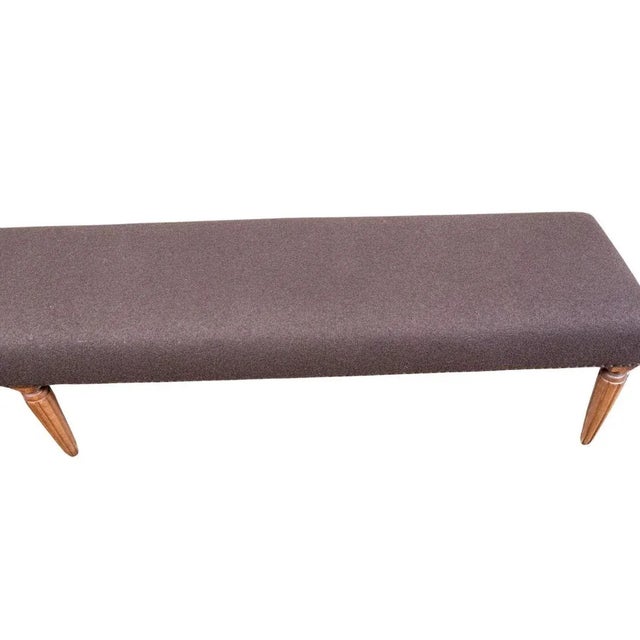 Neoclassical Long Upholstered Bench With Nail Head and Fluted Leg Details For Sale - Image 3 of 4