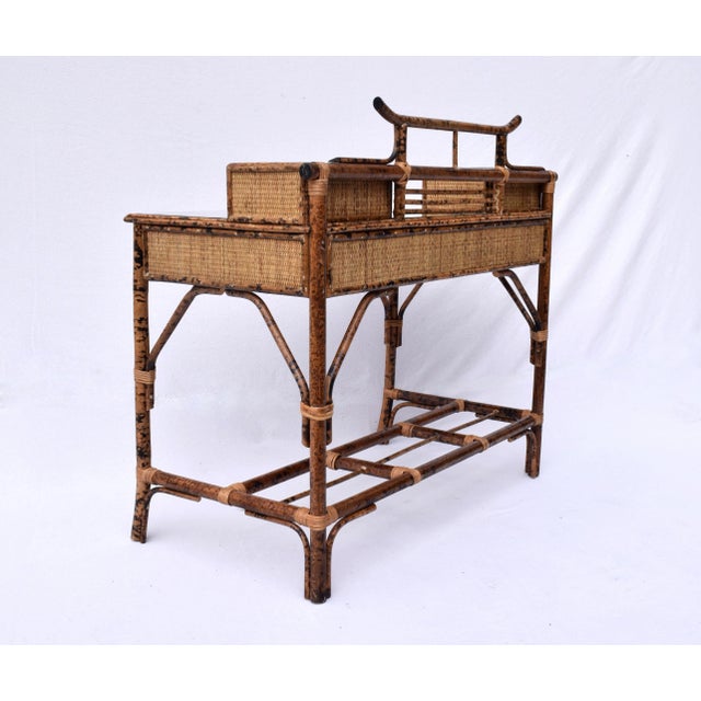 Vintage British Colonial Style Burnt Bamboo and Grasscloth Pagoda Desk For Sale - Image 9 of 12