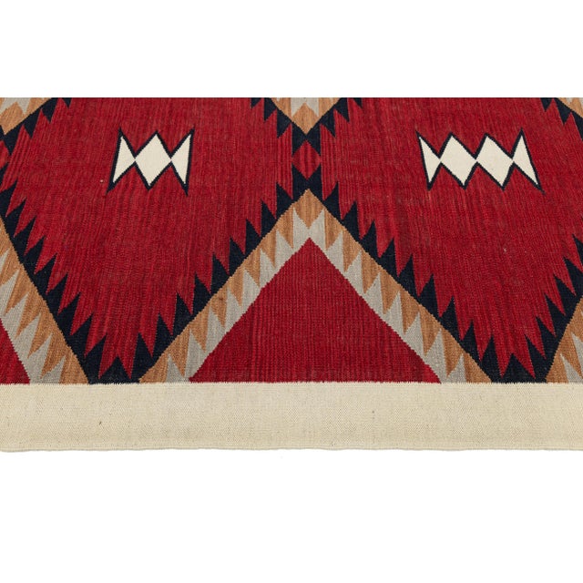 Textile 9x12 Modern Navajo Style Geometric Area Rug Handmade Red & Cream Wool Flatweave For Sale - Image 7 of 11