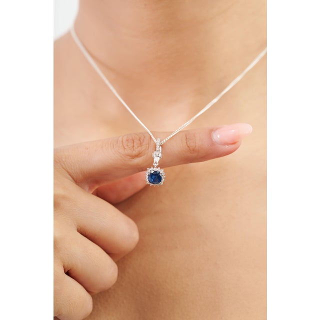 Blue 1.14ct Cushion Cut Natural Blue Sapphire Diamond Halo Pendant in 14k White Gold For Sale - Image 8 of 16