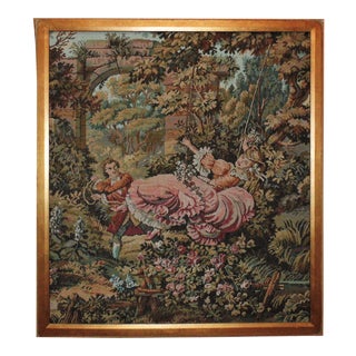 Vintage French Tapestry Romantic Framed Gentleman & Lady For Sale
