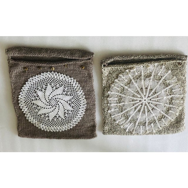 2000 - 2009 Pair Handmade Knitted Crochet Pillow Cases Horn Buttons For Sale - Image 5 of 8