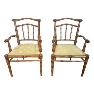 Pair, Peter Rocchia the Wicker Works Carved Faux Bois Bamboo Armchairs For Sale