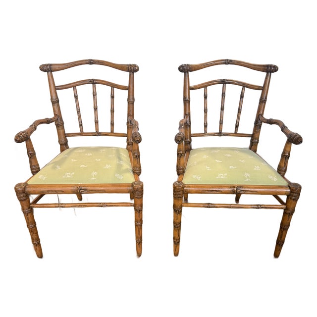Pair, Peter Rocchia the Wicker Works Carved Faux Bois Bamboo Armchairs For Sale